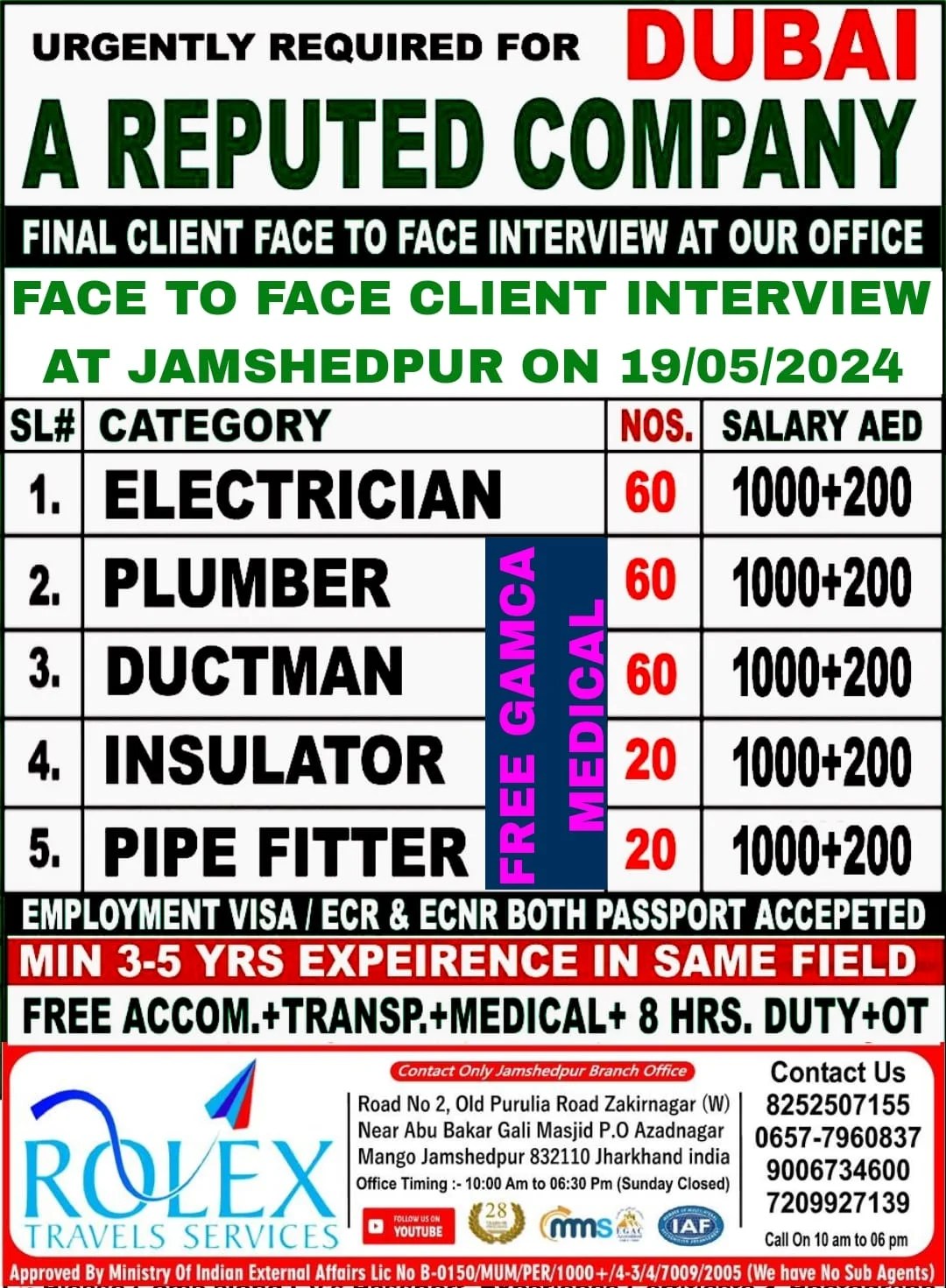 Recruitment for dubai a reputed company - interview at jamshedpur