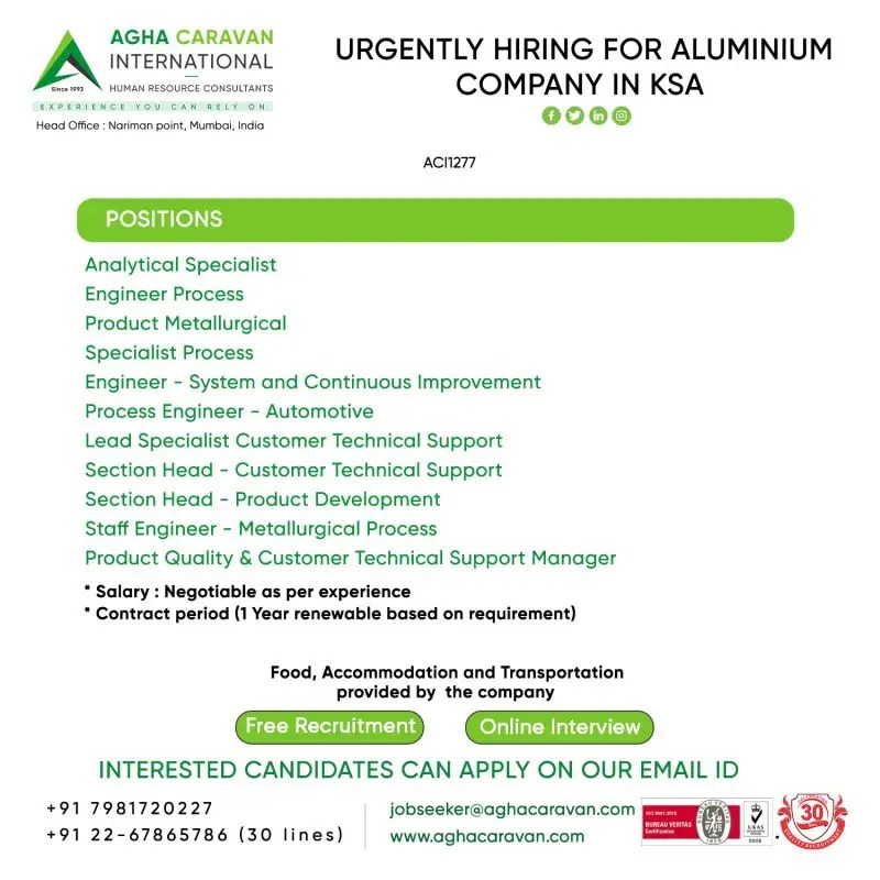 Urgently hiring for aluminium company in saudi arabia